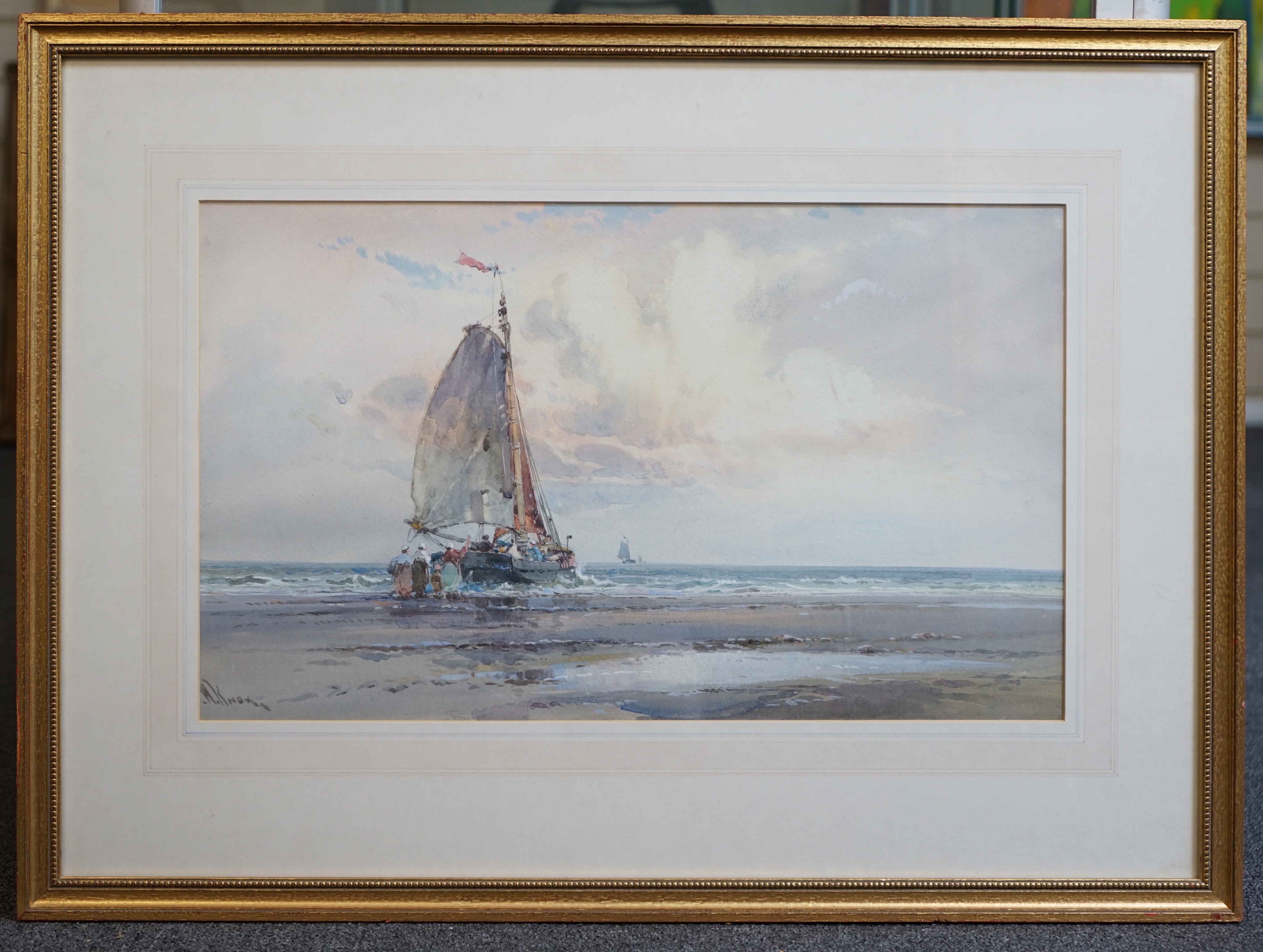 William Knox (1862-1925), watercolour and gouache, Dutch fishing boats, signed, 29 x 48cm